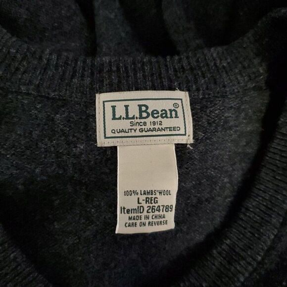 LL Bean Mens V Neck Lambs Wool Sweater L Dark Gray Heather Preppy Raglan Sleeve - Picture 4 of 5